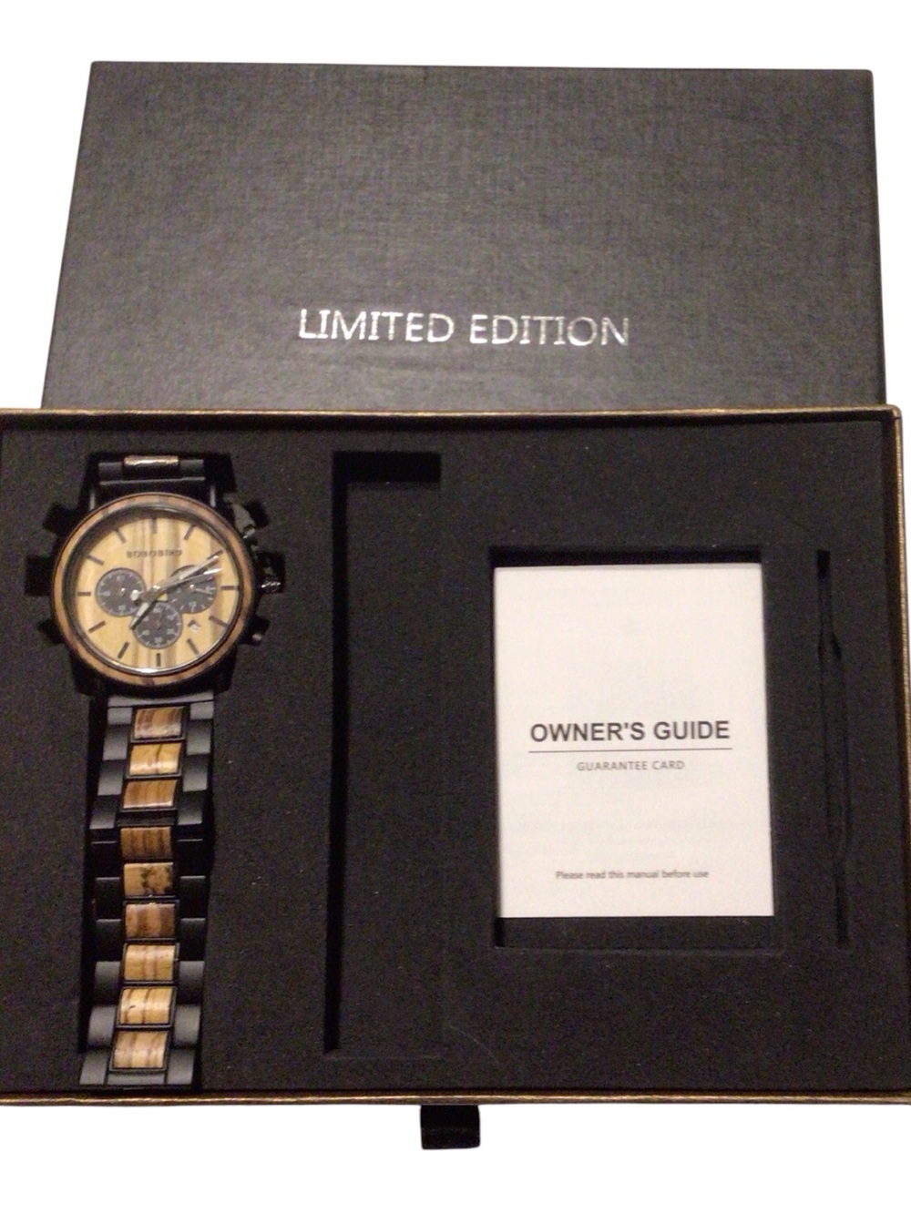 Men's Chronograph Watch - Black and Tan Wood Accent